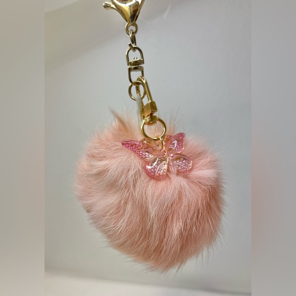 Handbags - Pink Fur Bag Charm Keychain with Butterfly Charm